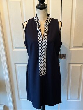 NWOT American Living Navy Mini Dress with White Embroidered Trim above knee